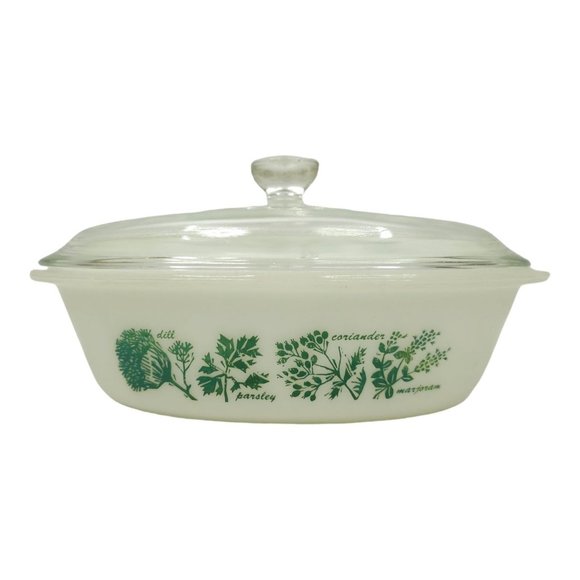 Vintage Glasbake J235 1Qt Casserole Dish Herb Garden Pattern With Lid Milk Glass - Picture 2 of 16